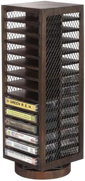 Cassette Tape Storage, 360-Degree Rotatable Design Farmhouse Style Cassette Rack Tower, Double-Sided 28-Slot, Rustic Solid Burnt Wood & Diamond Metal Wire Mesh Cassette Tape Storage, 360-Degree Rotatable Design Farmhouse Style Cassette Rack Tower, Double-Sided 28-Slot, Rustic Solid Burnt Wood & Diamond Metal Wire Mesh