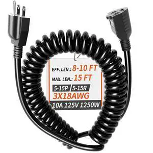 18/3 Gauge Black Coiled Extension Cord 15 ft Indoor Waterproof, Flame Retardant, Flexible 3 Prong Coiled Spiral Power Cord for Charging Electric Pallet Tucks, 10A 1250W 18AWG, ETL Listed 18/3 Gauge Black Coiled Extension Cord 15 ft Indoor Waterproof, Flame Retardant, Flexible 3 Prong Coiled Spiral Power Cord for Charging Electric Pallet Tucks, 10A 1250W 18AWG, ETL Listed