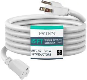 15 ft Heavy Duty Extension Cord - 12/3 SJTW 15 AMP Indoor Power Cord with 3 Prong Grounded Plug for Lawn Mower, Appliances, Workshop, Christmas Lights Water Resistant Flexible Cable White. 15 ft Heavy Duty Extension Cord - 12/3 SJTW 15 AMP Indoor Power Cord with 3 Prong Grounded Plug for Lawn Mower, Appliances, Workshop, Christmas Lights Water Resistant Flexible Cable White.