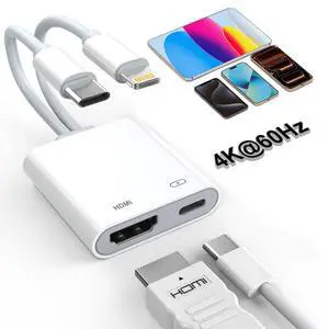 2 in 1 USB-C and Lightning to HDMI Adapter, 4K@60Hz Lightning/Type C Digital AV HDMI Adapter Cord Compatible with iPhone 17 16 15 14 13 iPad MacBook for HDTV/Projector/Monitor 2 in 1 USB-C and Lightning to HDMI Adapter, 4K@60Hz Lightning/Type C Digital AV HDMI Adapter Cord Compatible with iPhone 17 16 15 14 13 iPad MacBook for HDTV/Projector/Monitor