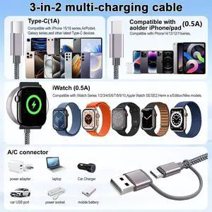 Travel Essentials, 3 in 2 USB C Cable for A-pple Watch Charger, 4FT Multi Charging Cable for iPhone Charger, Portable Designed for i-Watch Series,iPhone 17-11,Galaxy S26-S21,iPad Grey Travel Essentials, 3 in 2 USB C Cable for A-pple Watch Charger, 4FT Multi Charging Cable for iPhone Charger, Portable Designed for i-Watch Series,iPhone 17-11,Galaxy S26-S21,iPad Grey