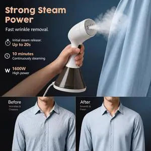 1600W Handheld Garment Steamer, Portable Electric Clothes Steam Iron with 3 Adjustable Steam Settings, Premium Aluminum Inner Tank, 0.8L Large Water Tank, Auto Low Water Shutoff 1600W Handheld Garment Steamer, Portable Electric Clothes Steam Iron with 3 Adjustable Steam Settings, Premium Aluminum Inner Tank, 0.8L Large Water Tank, Auto Low Water Shutoff