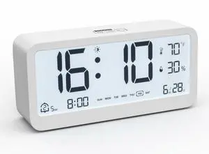 Digital Alarm Clock Battery Powered with Date | Indoor Temperature | Humidity | LCD Display | Dual Alarms | Snooze and Backlight Desk Small Clock (White) Digital Alarm Clock Battery Powered with Date | Indoor Temperature | Humidity | LCD Display | Dual Alarms | Snooze and Backlight Desk Small Clock (White)