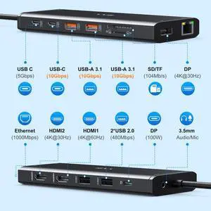 USB C Docking Station Dual Monitor for Dell/Lenovo/HP Laptop Docking Station HDMI USB C Hub Multiport Adapter Dongle Dock USB C to 2 HDMI +DisplayPort+Ethernet+4USB+2USB C+100W PD Charger+SD/TF+Audio USB C Docking Station Dual Monitor for Dell/Lenovo/HP Laptop Docking Station HDMI USB C Hub Multiport Adapter Dongle Dock USB C to 2 HDMI +DisplayPort+Ethernet+4USB+2USB C+100W PD Charger+SD/TF+Audio