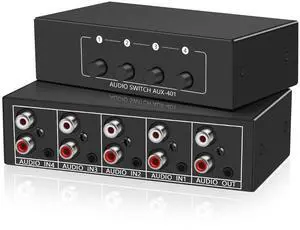 3.5mm Aux + RCA L/R Bi-Directional Stereo Audio Switch 4 in 1 Out A/B Analog Audio Switcher Selector No Power Need 3.5mm Aux + RCA L/R Bi-Directional Stereo Audio Switch 4 in 1 Out A/B Analog Audio Switcher Selector No Power Need