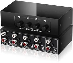 3.5mm Aux + RCA L/R Bi-Directional Stereo Audio Switch 4 in 1 Out A/B Analog Audio Switcher Selector 3.5mm Aux + RCA L/R Bi-Directional Stereo Audio Switch 4 in 1 Out A/B Analog Audio Switcher Selector
