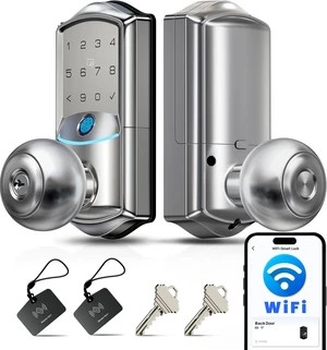 VE028 WiFi Fingerprint Smart Door Lock with Knob Handle, Satin Nickel | Remote App, Voice Control, Fob Unlock, Electronic Touchscreen Keypad, Keyless Entry, Auto Lock, for Front Door, Bedroom VE028 WiFi Fingerprint Smart Door Lock with Knob Handle, Satin Nickel | Remote App, Voice Control, Fob Unlock, Electronic Touchscreen Keypad, Keyless Entry, Auto Lock, for Front Door, Bedroom