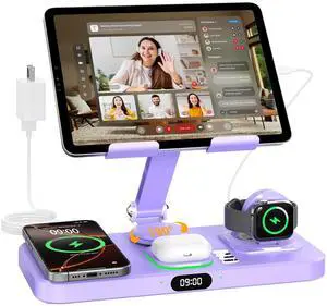 30W Charging Station for Apple Products, Foldable Wireless Charger with Clock Display&7 Color Light, Wired Charging for iPad/Tablet Charging Station for iPhone17, for Apple Watch11 for AirPods4(Purple 30W Charging Station for Apple Products, Foldable Wireless Charger with Clock Display&7 Color Light, Wired Charging for iPad/Tablet Charging Station for iPhone17, for Apple Watch11 for AirPods4(Purple