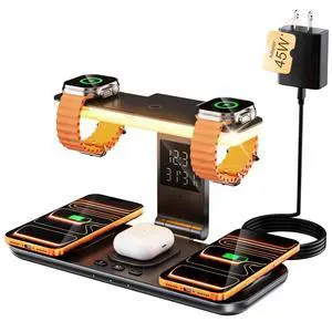 7-in-1 Wireless Dual Phone Charging Station for Apple, Dual Magsafe Charger for iPhone 17-12 Series, for Dual Apple Watch Charger for iWatch, with Air Pods Charger, Night Light & Clock 7-in-1 Wireless Dual Phone Charging Station for Apple, Dual Magsafe Charger for iPhone 17-12 Series, for Dual Apple Watch Charger for iWatch, with Air Pods Charger, Night Light & Clock