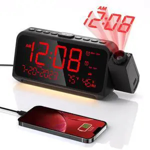 Projection Alarm Clock for Bedroom,Digital Clock with 350° Rotatable Projector,5-Level Dimmer,Dual Alarm with Weekday/Weekend Mode,Adjustable Volume,Temp,Humidity,Calendar,Snooze,12/24H,Night Light Projection Alarm Clock for Bedroom,Digital Clock with 350° Rotatable Projector,5-Level Dimmer,Dual Alarm with Weekday/Weekend Mode,Adjustable Volume,Temp,Humidity,Calendar,Snooze,12/24H,Night Light