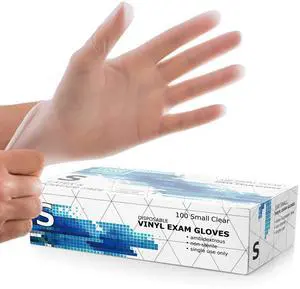 Powder Free Disposable Gloves - Clear Vinyl Medical Exam Gloves, 100 Pack, Small Powder Free Disposable Gloves - Clear Vinyl Medical Exam Gloves, 100 Pack, Small