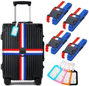 Luggage Straps and Tags Set for Suitcase, 4 Vibrant Color Straps and 4 Tags Luggage Straps and Tags Set for Suitcase, 4 Vibrant Color Straps and 4 Tags