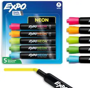 Neon Dry Erase Markers, Assorted, Bullet Tip, 5 Count - Fun, Vibrant Colors for Whiteboard, Glass, Acrylic, Home Organization Neon Dry Erase Markers, Assorted, Bullet Tip, 5 Count - Fun, Vibrant Colors for Whiteboard, Glass, Acrylic, Home Organization