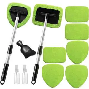 11pcs Windshield Cleaner Tool, Car Window Cleaning Wash Kit with 6 Reusable Microfiber Pads 2 Spray Bottles and Extendable Handles Auto Glass Wiper Kit, Green 11pcs Windshield Cleaner Tool, Car Window Cleaning Wash Kit with 6 Reusable Microfiber Pads 2 Spray Bottles and Extendable Handles Auto Glass Wiper Kit, Green