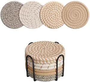 Coasters Set of 8 for Drinks with Holder,4 Colors Absorbent Coasters,Boho Cotton Woven Coaster Set for Living Room Decor,Tabletop Protection Suitable for Drinks,Beer, Coffee Coasters Set of 8 for Drinks with Holder,4 Colors Absorbent Coasters,Boho Cotton Woven Coaster Set for Living Room Decor,Tabletop Protection Suitable for Drinks,Beer, Coffee