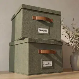Decorative File Organizer Box Set of 2 - Collapsible Linen Filing Cabinets w/Handles Are Perfect to Store all Your Documents & Hanging File Folders - Portable Easy Slide Crates with Lid Decorative File Organizer Box Set of 2 - Collapsible Linen Filing Cabinets w/Handles Are Perfect to Store all Your Documents & Hanging File Folders - Portable Easy Slide Crates with Lid