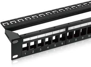 UL Listed 1U 24-Port Blank Keystone Patch Panel, Unshielded UTP, 19-Inch Rackmount with Grounding Cable, Rear Cable Management Bar UL Listed 1U 24-Port Blank Keystone Patch Panel, Unshielded UTP, 19-Inch Rackmount with Grounding Cable, Rear Cable Management Bar