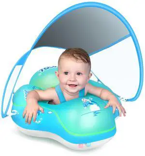 Baby Pool Float with Canopy UPF50+, 5 Point Safety Buckle No Flip Over, Inflatable Toddler Floaties Infant Pool Floats with Double Air Chambers, Baby Beach Essentials/Traval for 3-36M Blue L Baby Pool Float with Canopy UPF50+, 5 Point Safety Buckle No Flip Over, Inflatable Toddler Floaties Infant Pool Floats with Double Air Chambers, Baby Beach Essentials/Traval for 3-36M Blue L