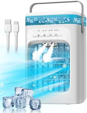 Portable Air Conditioner, 4-in-1 Evaporative Air Cooler, Personal Cooling Fan with 3 Speeds, 2 Mist Modes, 7 LED Night Light, 2-4H Timer, Quiet Mini Air Cooler for Bedroom Office Camping Portable Air Conditioner, 4-in-1 Evaporative Air Cooler, Personal Cooling Fan with 3 Speeds, 2 Mist Modes, 7 LED Night Light, 2-4H Timer, Quiet Mini Air Cooler for Bedroom Office Camping