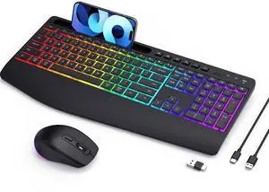 Wireless Keyboard and Mouse Combo - RGB Backlit, 2.4G 2200mAh Rechargeable, Ergonomic Rest, Phone Holder, Sleep Mode, Silent Full-Size Compuer Keyboards with Windows, Mac, PC, Laptop, Black Wireless Keyboard and Mouse Combo - RGB Backlit, 2.4G 2200mAh Rechargeable, Ergonomic Rest, Phone Holder, Sleep Mode, Silent Full-Size Compuer Keyboards with Windows, Mac, PC, Laptop, Black