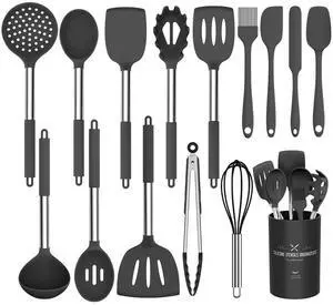 Silicone Cooking Utensil Set, 15pcs Silicone Cooking Kitchen Utensils Set, Non-stick - Best Kitchen Cookware with Stainless Steel Handle - Black Kitchen Utensils Silicone Cooking Utensil Set, 15pcs Silicone Cooking Kitchen Utensils Set, Non-stick - Best Kitchen Cookware with Stainless Steel Handle - Black Kitchen Utensils