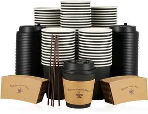 100 Pack 10 oz Paper Coffee Cups for Hot Chocolate Drinks, Black Disposable Coffee Cups with Lids, Sleeves and Stirring Sticks for Parties, Picnic, Travel, and Events 100 Pack 10 oz Paper Coffee Cups for Hot Chocolate Drinks, Black Disposable Coffee Cups with Lids, Sleeves and Stirring Sticks for Parties, Picnic, Travel, and Events