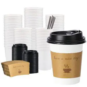 100 pack 12 oz Disposable Thickened Coffee Cups with Lids, Scald Resistant Hot Cup with Sleeves and Stirring Sticks, To Go Coffee Cups for Home, Office, Cafes and Party (White 12oz) 100 pack 12 oz Disposable Thickened Coffee Cups with Lids, Scald Resistant Hot Cup with Sleeves and Stirring Sticks, To Go Coffee Cups for Home, Office, Cafes and Party (White 12oz)