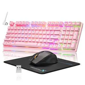 Wireless Mechanical Gaming Keyboard and Mouse Combo, 98 Keys RGB Backlit Rechargeable 2000mAh Battery, 3-Mode BT5.0/2.4G/USB-C (Pink) Wireless Mechanical Gaming Keyboard and Mouse Combo, 98 Keys RGB Backlit Rechargeable 2000mAh Battery, 3-Mode BT5.0/2.4G/USB-C (Pink)