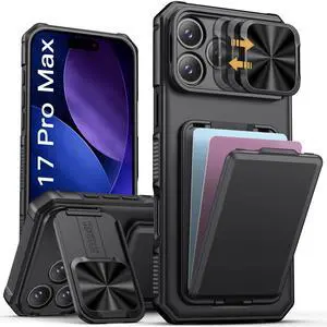 for iPhone 17 Pro Max Case with Card Holder & Kickstand & Slide Camera Lens Cover & Camera Stand & Wallet, Military-Grade Heavy Duty Phone Case Cover for iPhone 17 Pro Max 5G 2025, Black for iPhone 17 Pro Max Case with Card Holder & Kickstand & Slide Camera Lens Cover & Camera Stand & Wallet, Military-Grade Heavy Duty Phone Case Cover for iPhone 17 Pro Max 5G 2025, Black