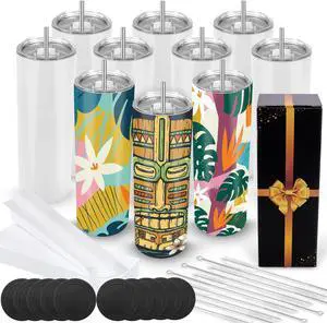 Sublimation Tumblers Blanks 20 oz 10 Pack Skinny Straight Tumblers Bulk Stainless Steel Insulated Sublimation Cups with Lid and Straw, Gift Box Sublimation Tumblers Blanks 20 oz 10 Pack Skinny Straight Tumblers Bulk Stainless Steel Insulated Sublimation Cups with Lid and Straw, Gift Box