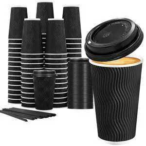 16 oz Disposable Coffee Cups with Lids, 50 Pack Insulated Hot Cups To Go Paper Coffee Cups with Lids and Straws, Corrugated Ripple Wall Cup for Hot Drink, Office, Coffee Bar (Black) 16 oz Disposable Coffee Cups with Lids, 50 Pack Insulated Hot Cups To Go Paper Coffee Cups with Lids and Straws, Corrugated Ripple Wall Cup for Hot Drink, Office, Coffee Bar (Black)