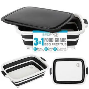 Collapsible Large BBQ Prep Tub w/Cutting Board, Multi-Function Grill Caddy w/Colander & Lid, Portable Silicone Dish Bowl for Picnic, Tailgate, Camping - Black Collapsible Large BBQ Prep Tub w/Cutting Board, Multi-Function Grill Caddy w/Colander & Lid, Portable Silicone Dish Bowl for Picnic, Tailgate, Camping - Black