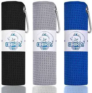 Microfiber Fishing Towels with Clip, Waffle Pattern for Effective Cleaning of Fishing Gears or Dirty Hands, 16 x 16, Camping Towels, Hiking Towels, Pack of 3 (Black/Grey/Blue) Microfiber Fishing Towels with Clip, Waffle Pattern for Effective Cleaning of Fishing Gears or Dirty Hands, 16 x 16, Camping Towels, Hiking Towels, Pack of 3 (Black/Grey/Blue)