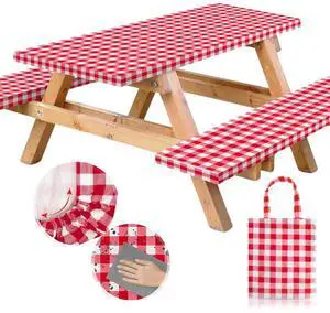 Vinyl Fitted Picnic Table Cover with Bench Covers and Bag, 6ft Outdoor Waterproof Picnic Tablecloth with Elastic Edges, 72x30 Inches 3 Pcs Set (Red Checkered) Vinyl Fitted Picnic Table Cover with Bench Covers and Bag, 6ft Outdoor Waterproof Picnic Tablecloth with Elastic Edges, 72x30 Inches 3 Pcs Set (Red Checkered)