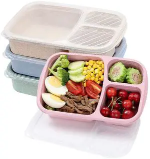 4 Pack Bento Lunch Box Set 3 Compartment Food Storage Containers Wheat Straw Meal Prep Lunch Box Plastic Food Storage Containers, Microwave and Dishwasher Safe (light colour) 4 Pack Bento Lunch Box Set 3 Compartment Food Storage Containers Wheat Straw Meal Prep Lunch Box Plastic Food Storage Containers, Microwave and Dishwasher Safe (light colour)