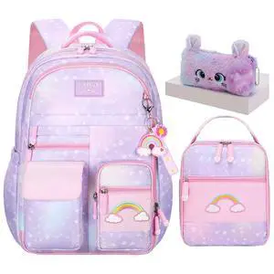 3Pcs Girls Rainbow School Backpack with Lunch Bag for Elementary 3Pcs Girls Rainbow School Backpack with Lunch Bag for Elementary