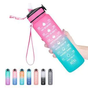 Water Bottle with Straw & Time Marker, Plastic 32oz Leakproof Water Bottle with Straw & Time Marker, Plastic 32oz Leakproof