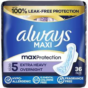 Maxi Overnight Pads with Wings for Women, Size 5, Extra Heavy Overnight Absorbency, Unscented, 36 Count Maxi Overnight Pads with Wings for Women, Size 5, Extra Heavy Overnight Absorbency, Unscented, 36 Count