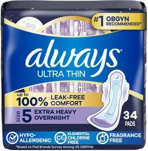 Ultra Thin Feminine Pads with Wings for Women, Size 5, Extra Heavy Overnight Absorbency, Unscented, Up to 100% Leak-Free Comfort, 34 Count Ultra Thin Feminine Pads with Wings for Women, Size 5, Extra Heavy Overnight Absorbency, Unscented, Up to 100% Leak-Free Comfort, 34 Count