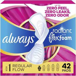 Radiant Feminine Pads for Women, Flexfoam Pads with Wings, Size 1, Regular Absorbency, Lightly Scented, 42 Count Radiant Feminine Pads for Women, Flexfoam Pads with Wings, Size 1, Regular Absorbency, Lightly Scented, 42 Count