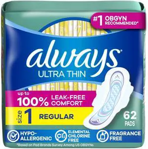 Ultra Thin Feminine Pads with Wings for Women, Size 1, Regular Absorbency, Unscented, Up to 100% Leak-Free Protection, 62 Count Ultra Thin Feminine Pads with Wings for Women, Size 1, Regular Absorbency, Unscented, Up to 100% Leak-Free Protection, 62 Count