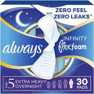 Infinity Feminine Pads for Women, Flexfoam Pads with Wings, Size 5, Extra Heavy Overnight Absorbency, Unscented, 30 Count Infinity Feminine Pads for Women, Flexfoam Pads with Wings, Size 5, Extra Heavy Overnight Absorbency, Unscented, 30 Count