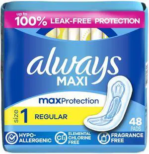 Maxi Feminine Pads Without Wings for Women, Size 1, Regular Absorbency, Unscented 48 Count Maxi Feminine Pads Without Wings for Women, Size 1, Regular Absorbency, Unscented 48 Count