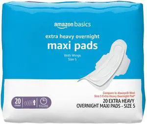Thick Maxi Pads with Wings for Periods, Extra Heavy Overnight Absorbency, Absorbent Core, Stay in Place Protection, Unscented, Size 5, 20 Count (Previously Solimo) Thick Maxi Pads with Wings for Periods, Extra Heavy Overnight Absorbency, Absorbent Core, Stay in Place Protection, Unscented, Size 5, 20 Count (Previously Solimo)