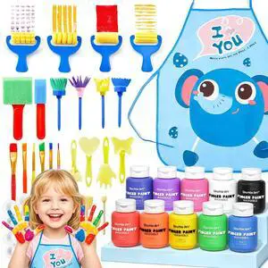 Washable Finger Paint Set, 37 PCS with 10 Colors (2 fl oz) Non-Toxic Toddler Paint, Paint Brushes, Sponge, Smock, Toddler Art Supplies Washable Finger Paint Set, 37 PCS with 10 Colors (2 fl oz) Non-Toxic Toddler Paint, Paint Brushes, Sponge, Smock, Toddler Art Supplies