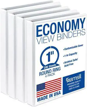 1 Inch 3 Ring Binders, Economy Round Ring, Clear View Cover, 200 Sheet Capacity - for School, Home, Office - White, 4 Pack 1 Inch 3 Ring Binders, Economy Round Ring, Clear View Cover, 200 Sheet Capacity - for School, Home, Office - White, 4 Pack