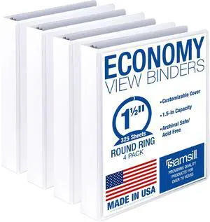 1.5 Inch 3 Ring Binders, Economy Round Ring, Clear View Cover, 325 Sheet Capacity - for School, Home, Office - White, 4 Pack 1.5 Inch 3 Ring Binders, Economy Round Ring, Clear View Cover, 325 Sheet Capacity - for School, Home, Office - White, 4 Pack