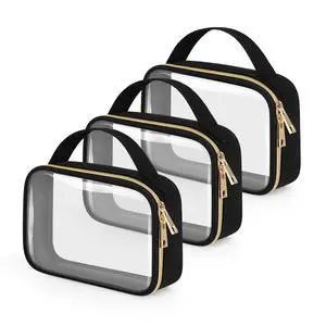TSA Approved Toiletry Bag, 3 Pack Clear Makeup Bags with Handles, Quart Size Clear Toiletry Bags, PVC Cosmetic Bags for Women and Men, Carry on Airport Airline Compliant Bag, Black TSA Approved Toiletry Bag, 3 Pack Clear Makeup Bags with Handles, Quart Size Clear Toiletry Bags, PVC Cosmetic Bags for Women and Men, Carry on Airport Airline Compliant Bag, Black