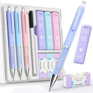 0.9mm Cute Mechanical Pencil Set, 3-Pack with Case 0.9mm Cute Mechanical Pencil Set, 3-Pack with Case