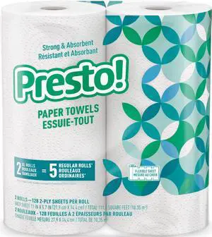 Amazon Brand - Presto! Flex-a-Size Kitchen Paper Towels, 2-Ply, Strong and Absorbent, 128 Sheet Family Roll, 2 Rolls Amazon Brand - Presto! Flex-a-Size Kitchen Paper Towels, 2-Ply, Strong and Absorbent, 128 Sheet Family Roll, 2 Rolls
